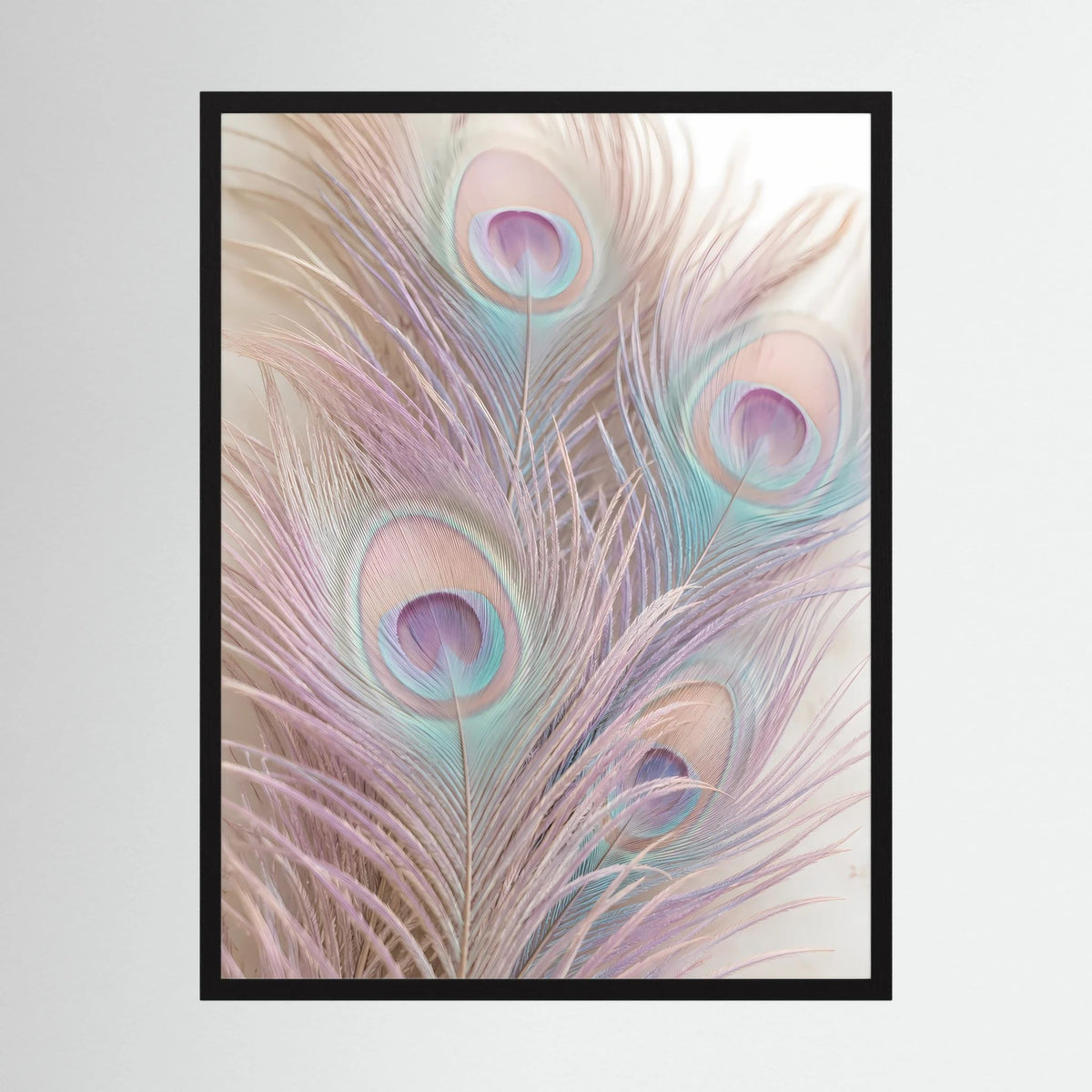 Gerahmtes Hochformat-Poster mit Pastell-Pfauenfedern in Rosa und Türkis