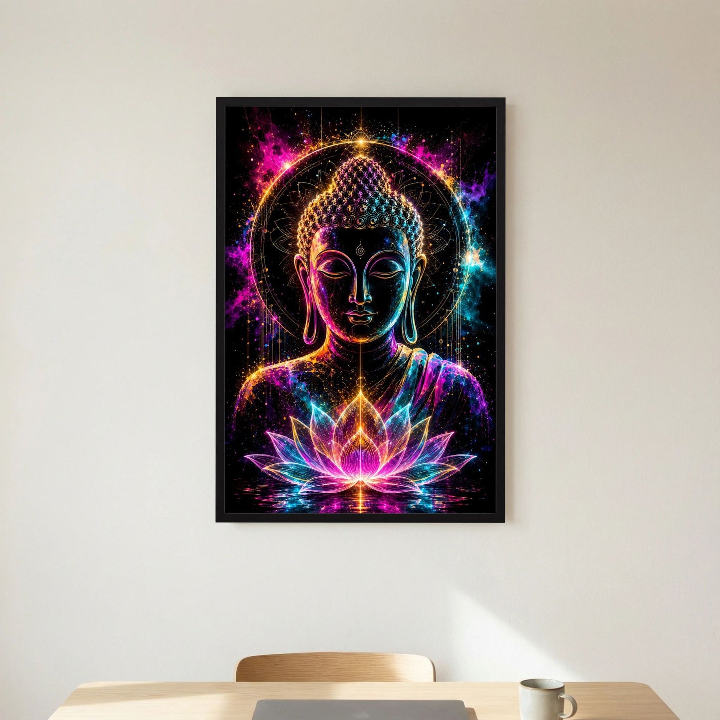 Kunstposter mit Buddha-Porträt, Neon-Glüheffekt und Lotusblüte, schwarzer Rahmen