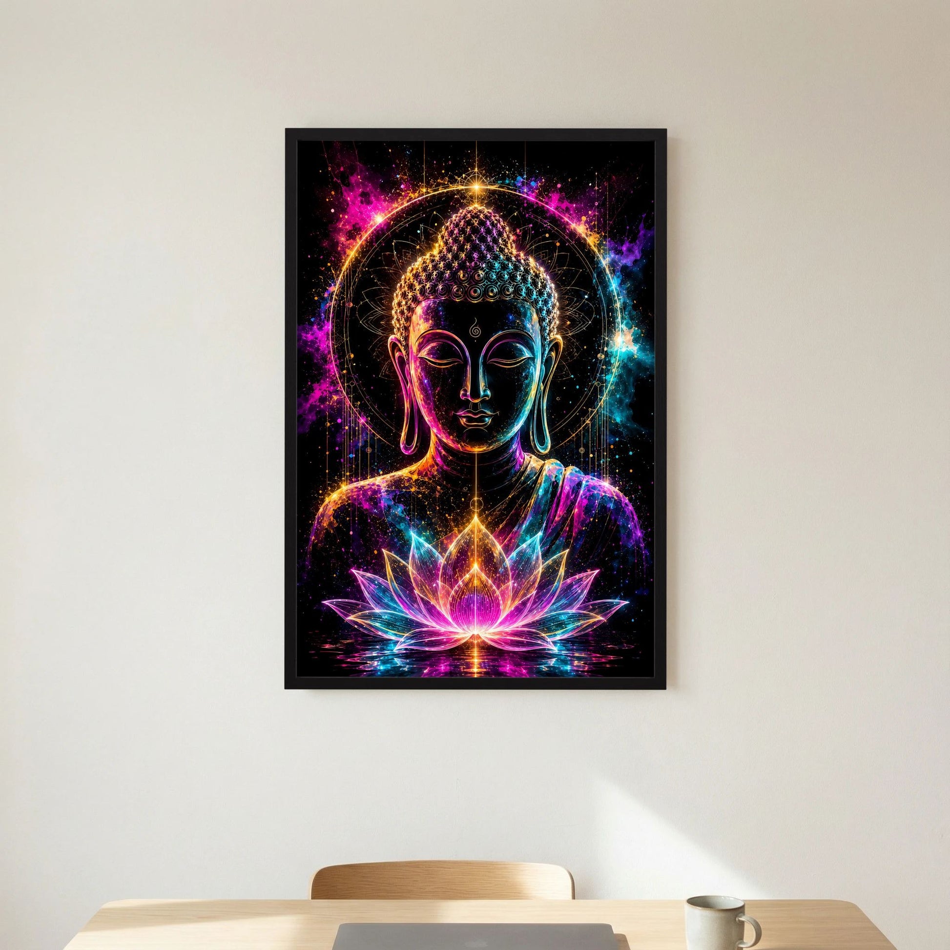 Kunstposter mit Buddha-Porträt, Neon-Glüheffekt und Lotusblüte, schwarzer Rahmen