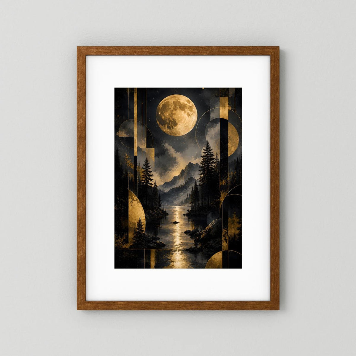 Gerahmtes Hochformat-Poster mit goldener Vollmond-Landschaft, Bergen, Tannen und Fluss in Braun