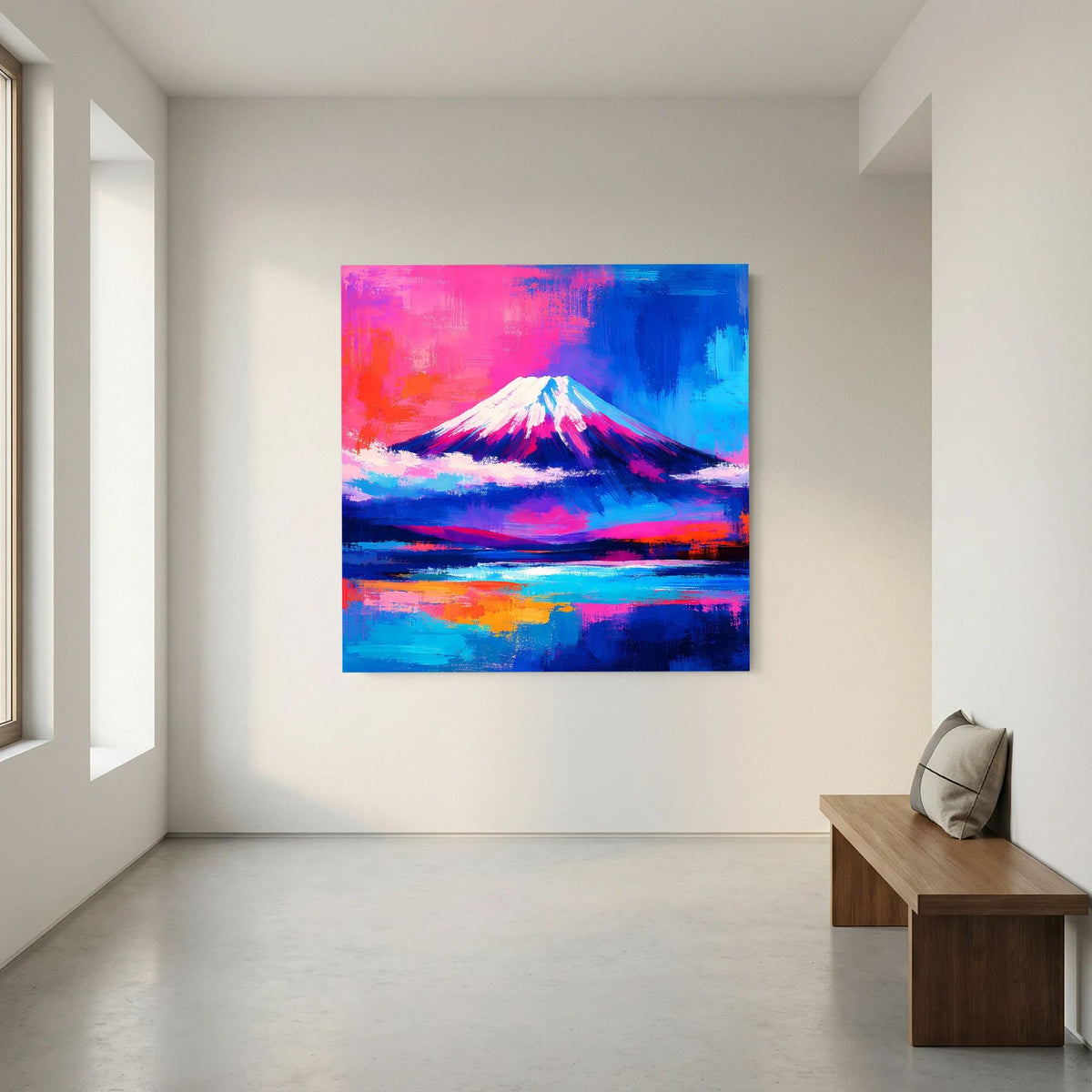 Leinwandbild mit abstraktem Fuji und farbenfrohem Sonnenuntergang über reflektierendem Wasser