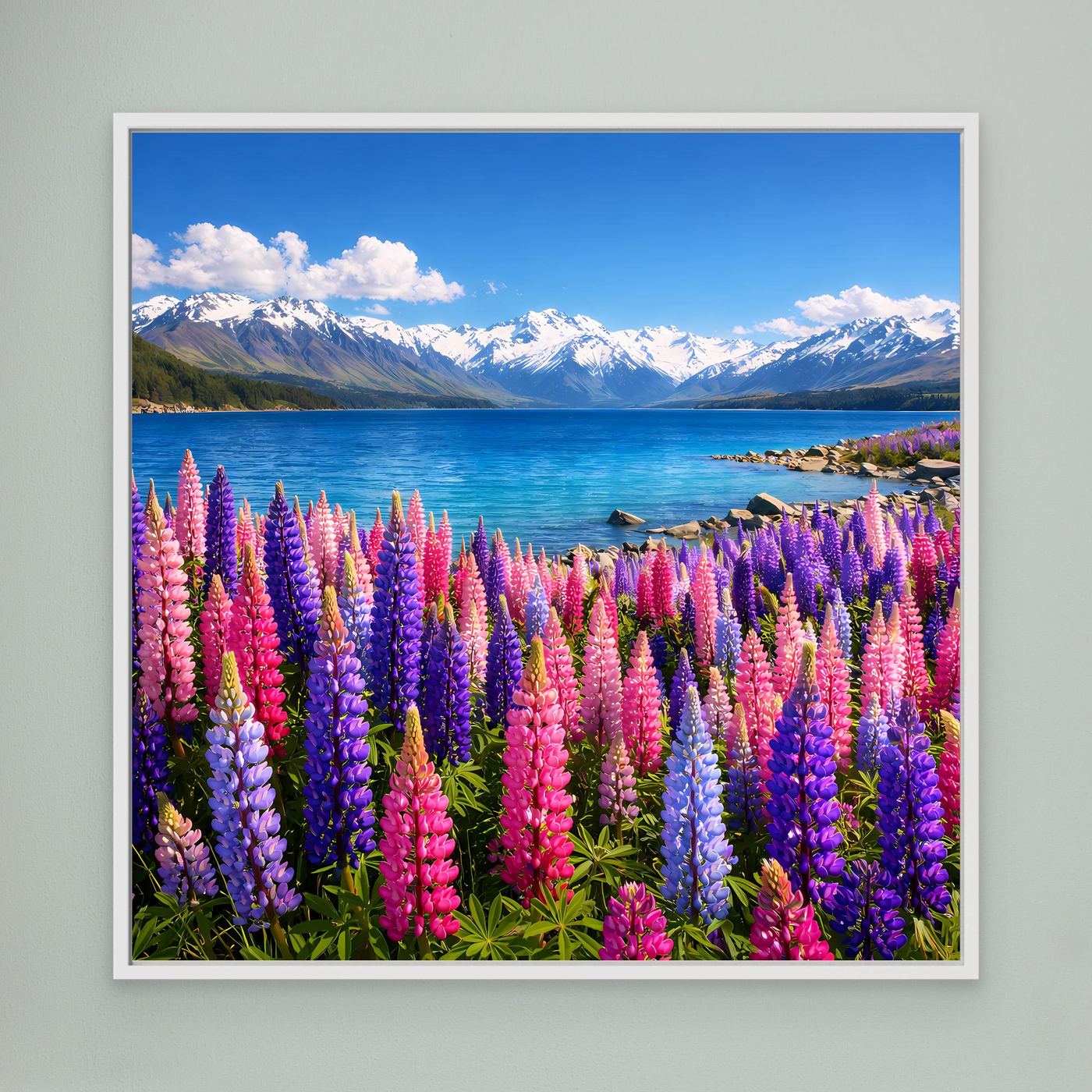Leinwandbild mit bunten Lupinen am Bergsee, weiß gerahmt
