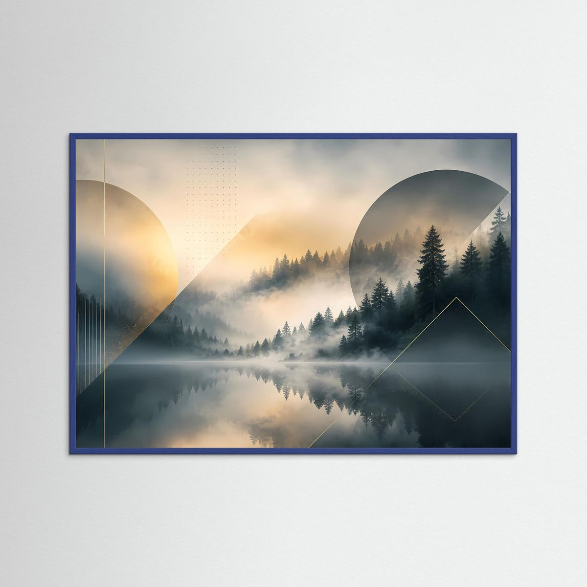Naturposter Querformat im blauem Holzrahmen mit Waldsee und Bergen, dunklem Grün-Grau