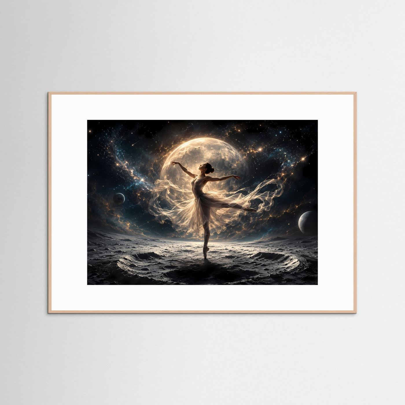 Ballerina Mond Poster | Kosmische Tanzkunst Wandbild | Moderne Fantasy Fine Art | Elegantes Universum Bild | Luxus Leinwand