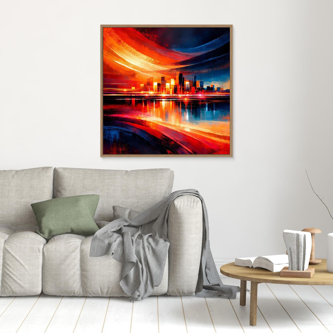 Abstraktes Leinwandbild mit Skyline-Lichtspuren in Rot und Blau, Holzrahmen (Eiche)