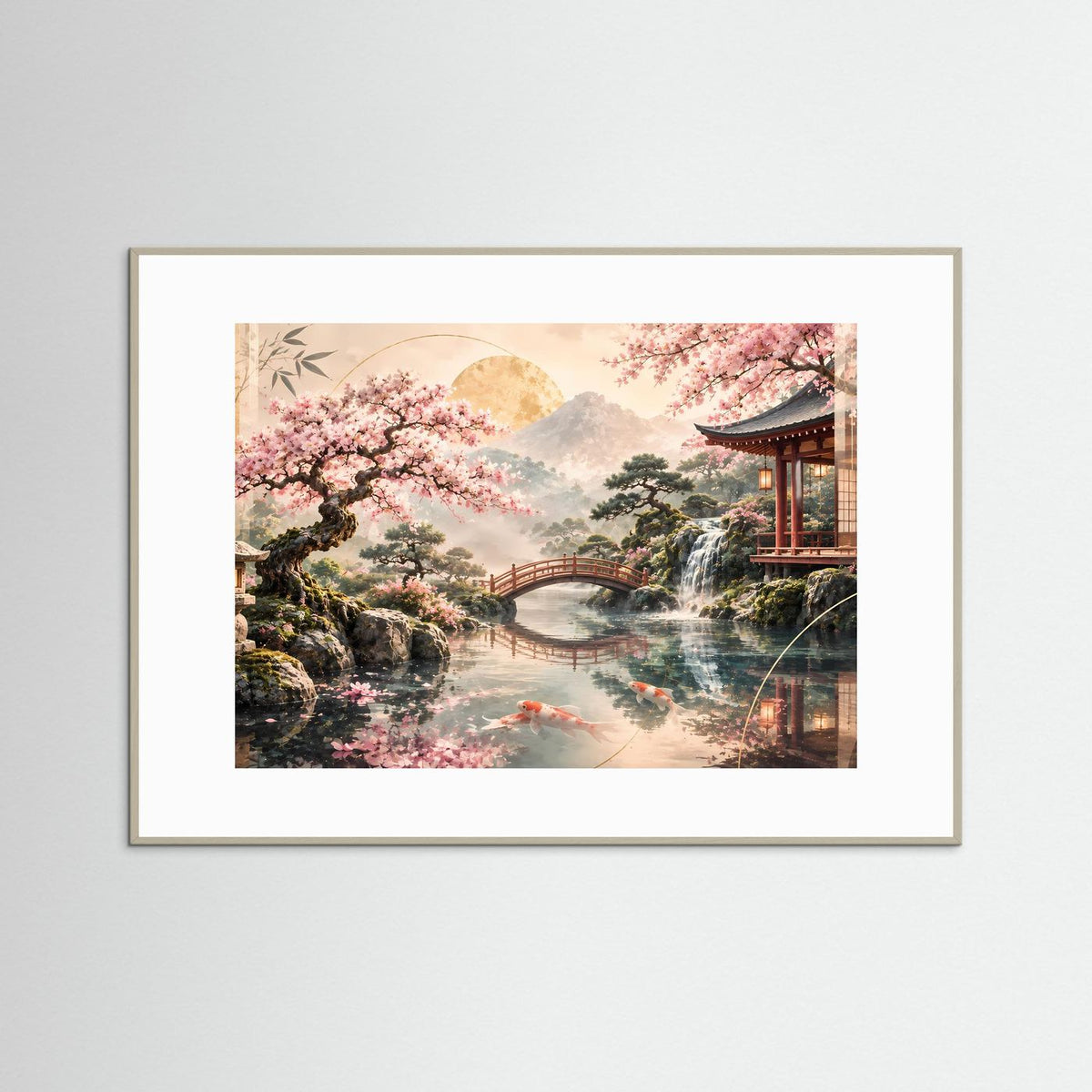 Japanisches Zen-Garten-Poster mit Kirschblüten, Tempel, Wasser und Koi, grauer Holzrahmen