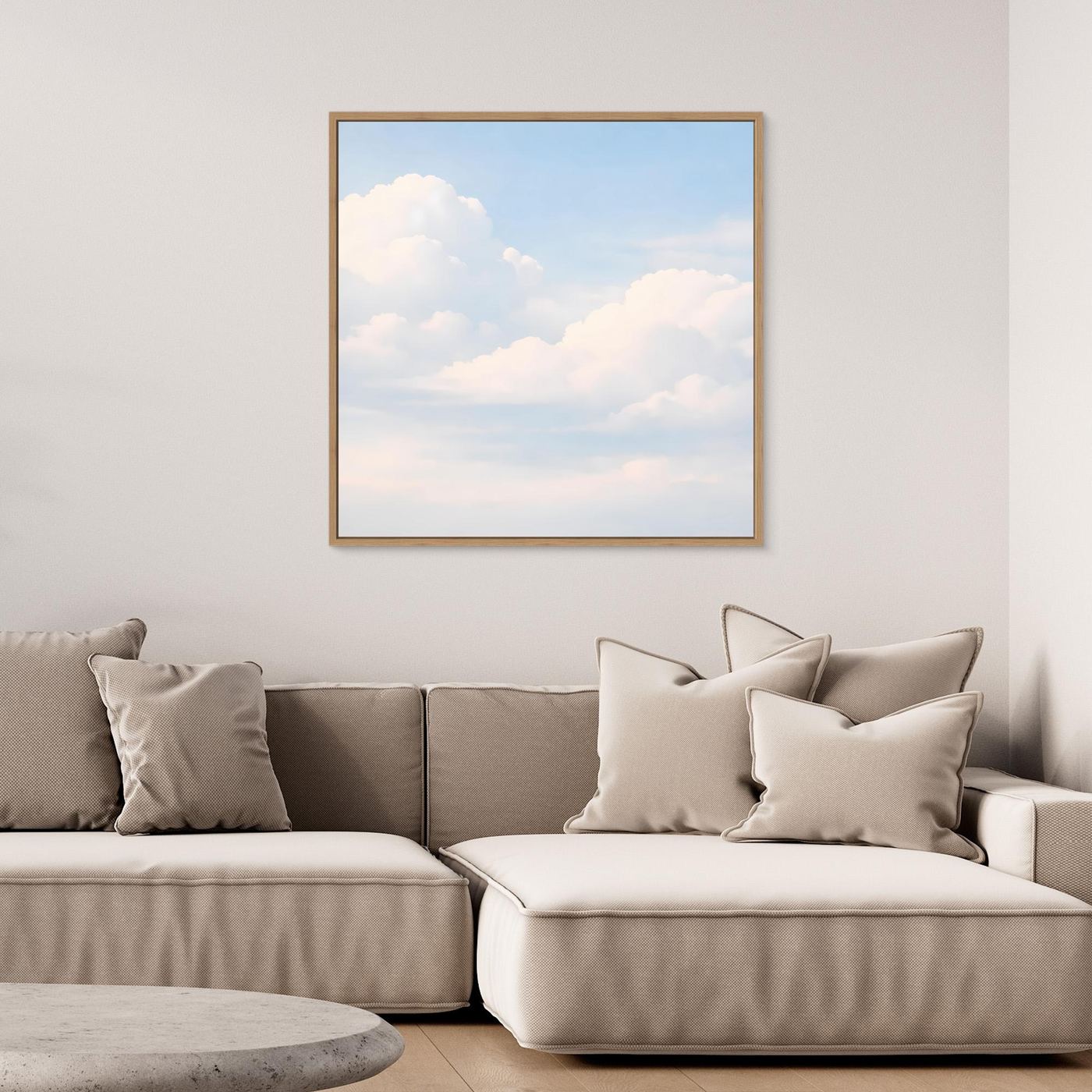 Leinwandbild mit pastellfarbenem Himmel und sanften Wolken, Eichenrahmen