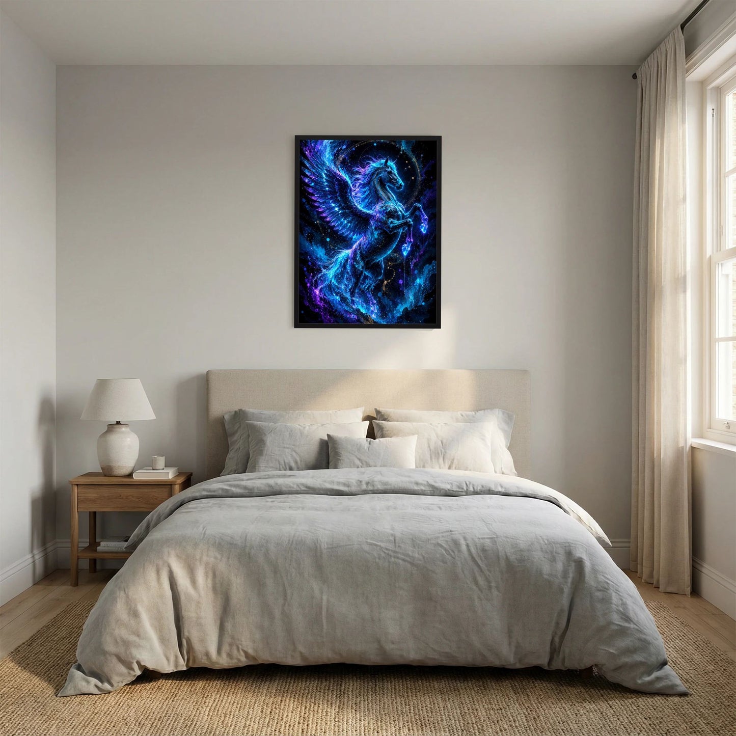 Quadratisches Poster mit Pegasus in leuchtendem Blau, violette Akzente, schwarzer Rahmen
