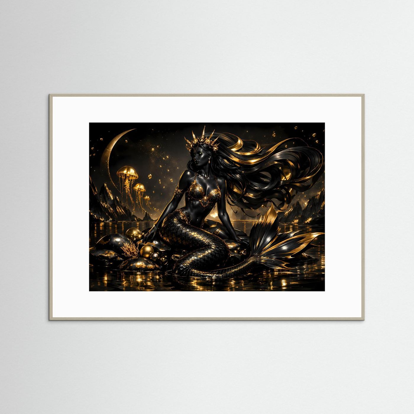 Schwarze Meerjungfrau mit Goldkrone & Quallen | Mystisches Wandbild Querformat