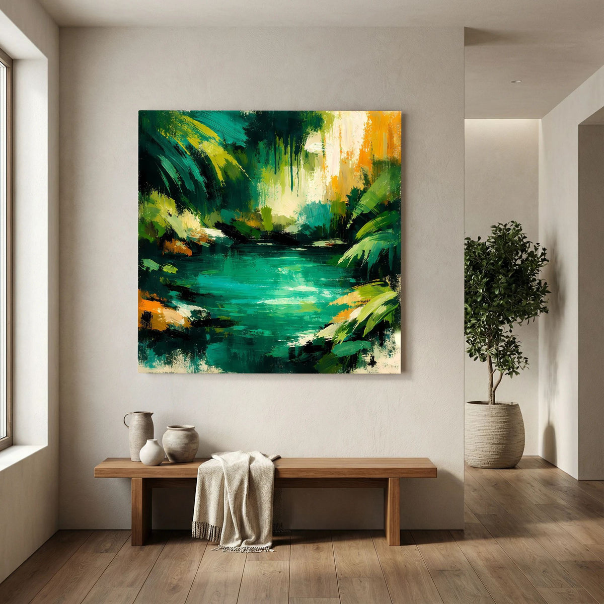 Leinwand Abstraktes Dschungelgewässer | Modernes Urwald Wandbild Smaragdgrün