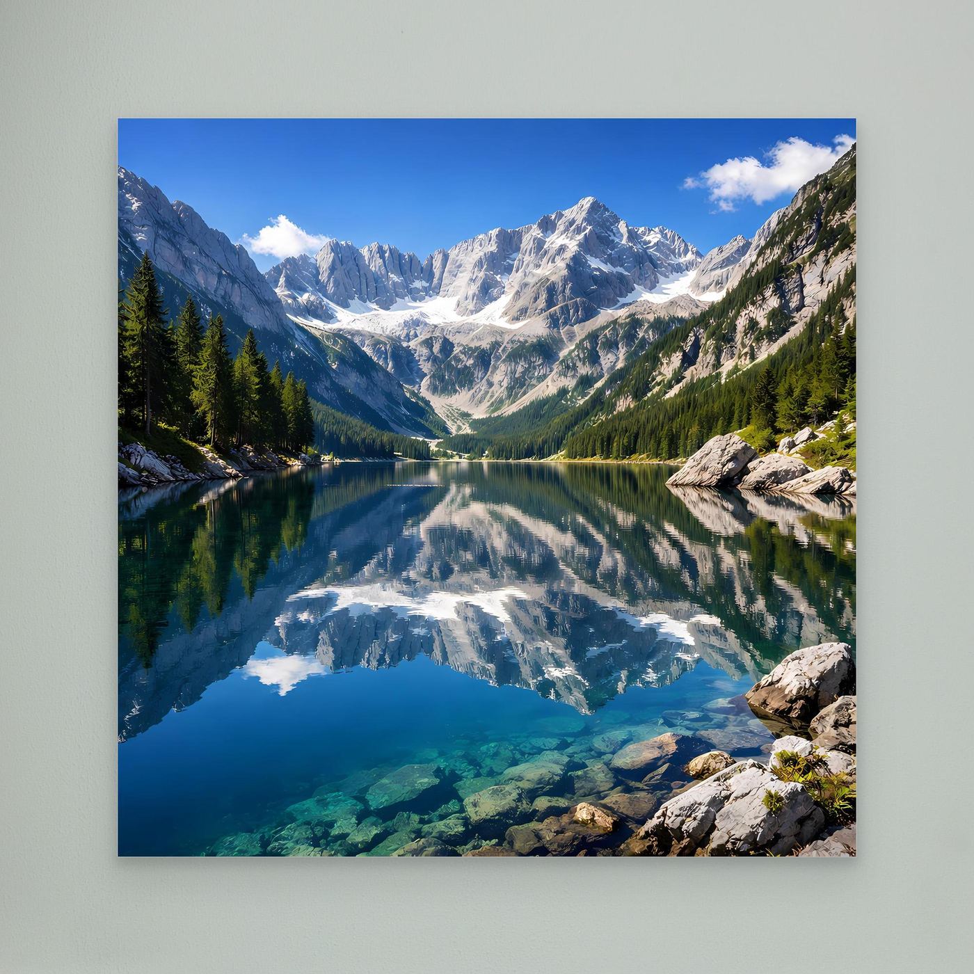 Leinwandbild mit Bergsee-Spiegelung und Alpenpanorama im Querformat, ohne Rahmen