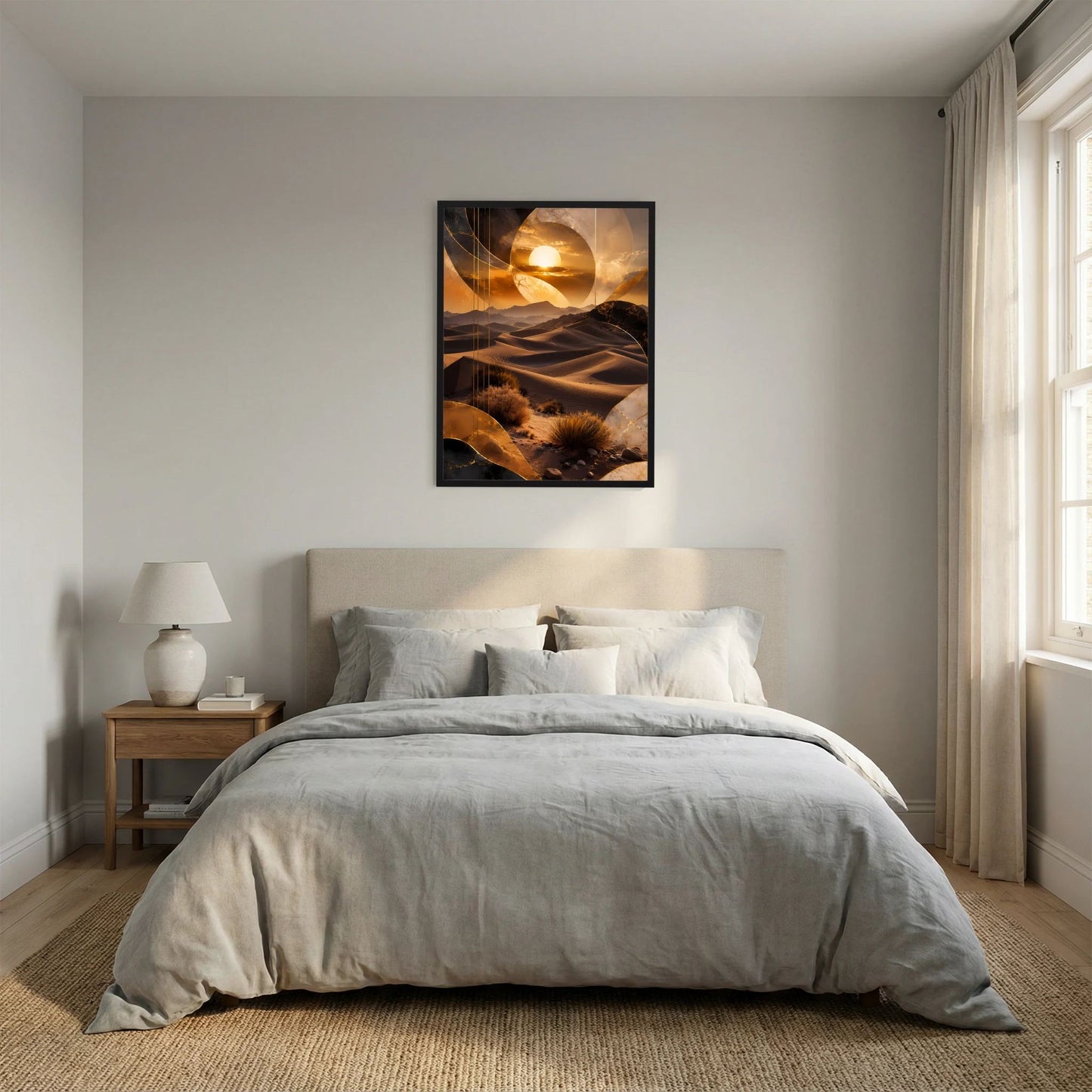 Hochformat-Poster mit goldenem Wüstenbild, Sonnenkreis und Dünen, schwarzer Rahmen