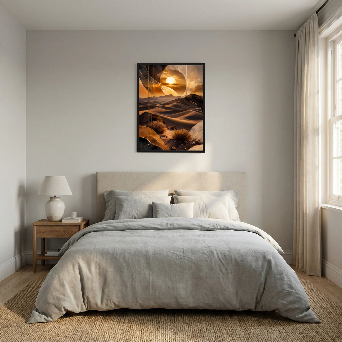 Hochformat-Poster mit goldenem Wüstenbild, Sonnenkreis und Dünen, schwarzer Rahmen