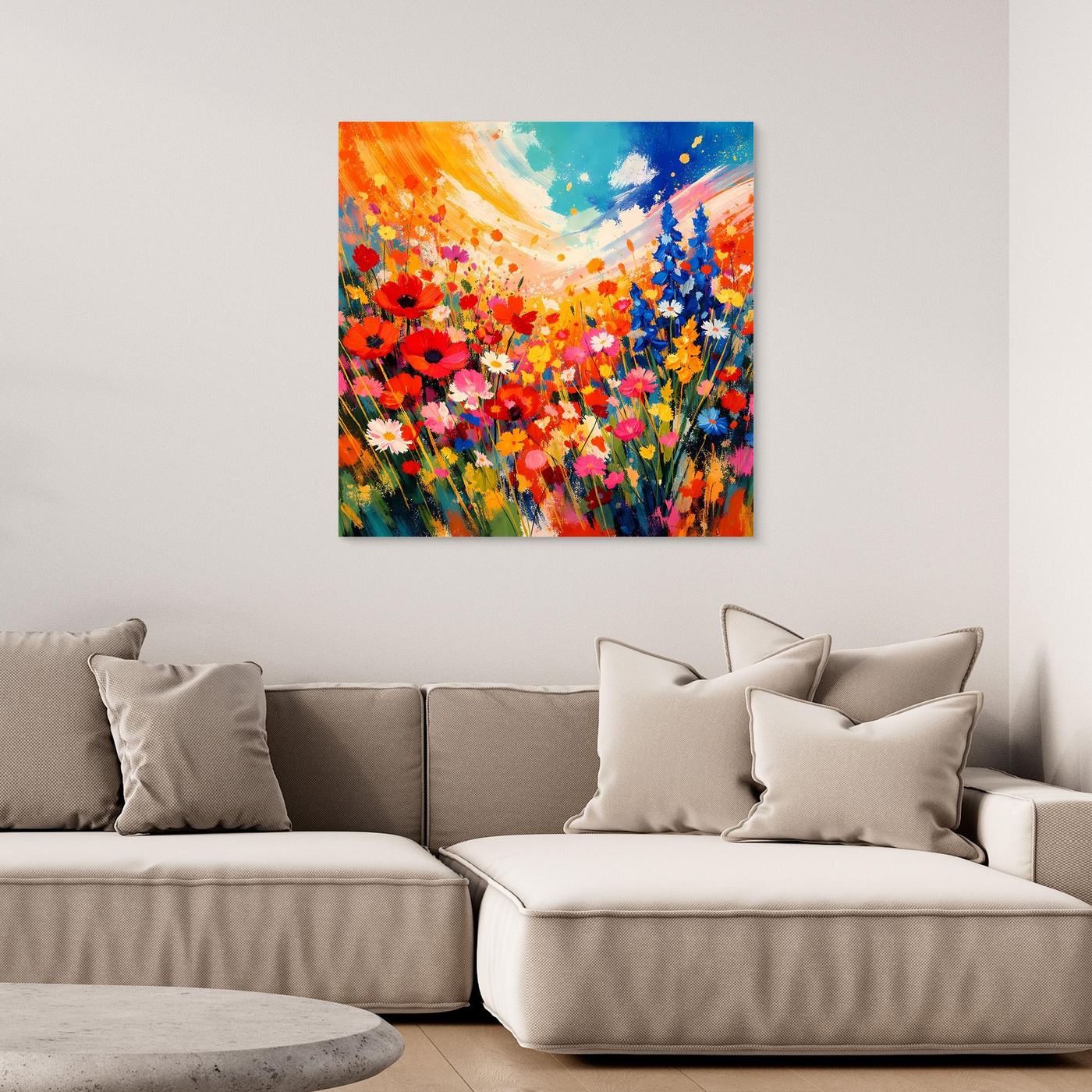 Leinwandbild bunte Blumenwiese mit abstrakten Blumen, ohne sichtbaren Rahmen