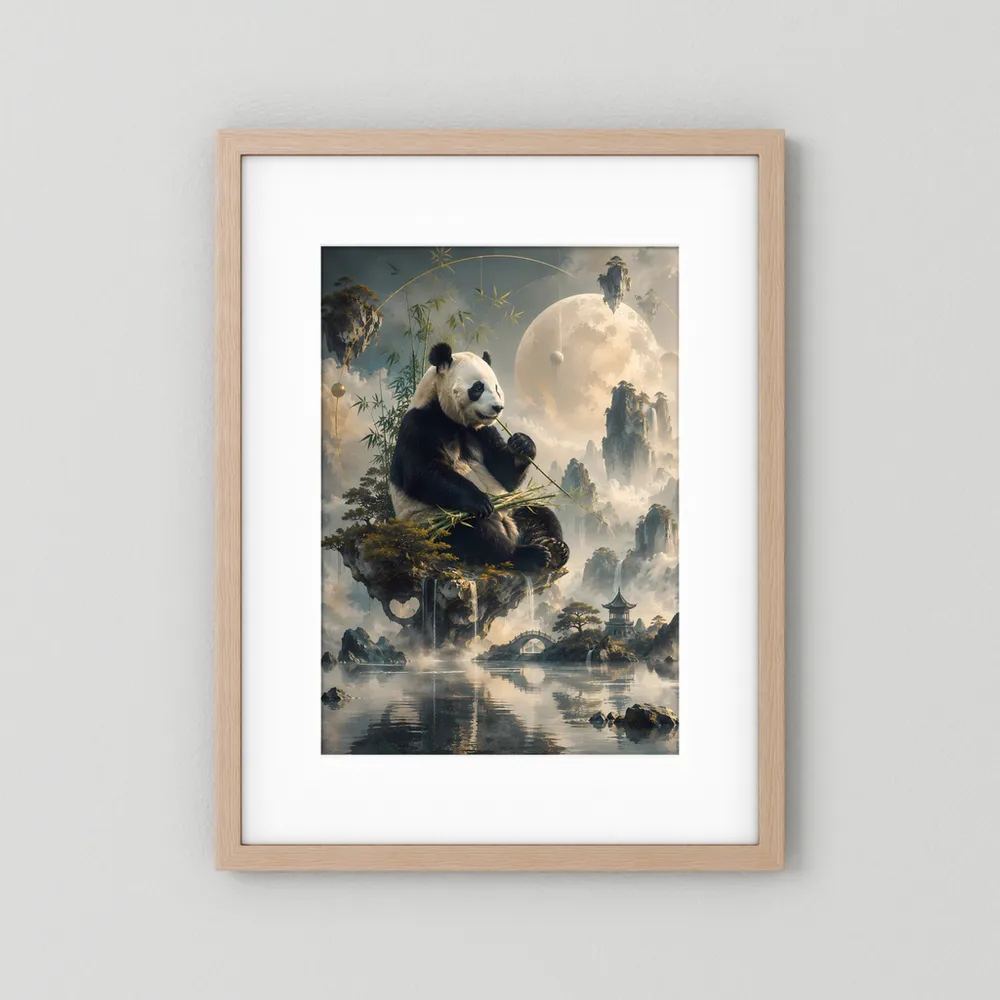Kunstposter im Hochformat mit Panda auf Felsinsel, im beigen Holzrahmen mit weißem Rand