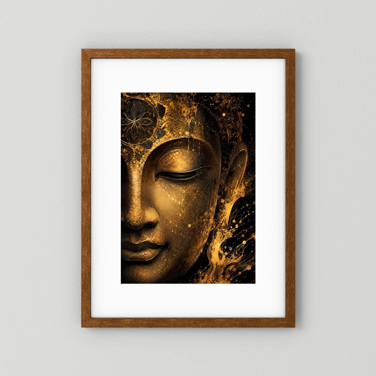 Abstraktes Buddha-Gesicht Poster, schwarz-goldener Look, Hochformat mit dunklem Holzrahmen