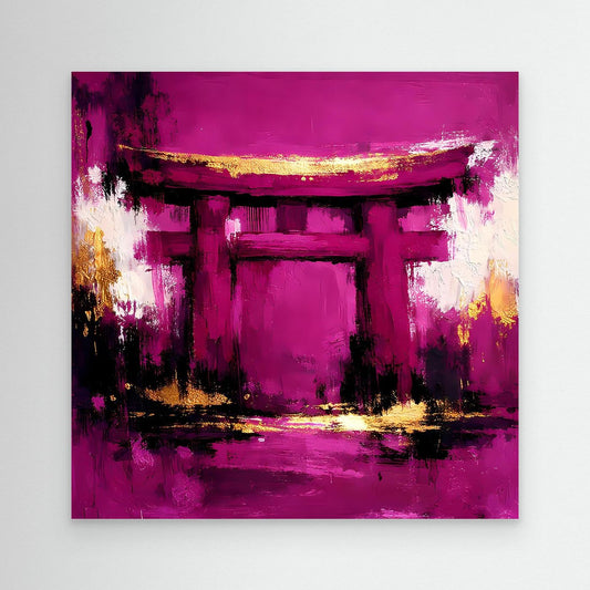 Leinwandbild mit magentafarbenem Torii-Tor und goldenen Akzenten, abstrakte Pinselstruktur