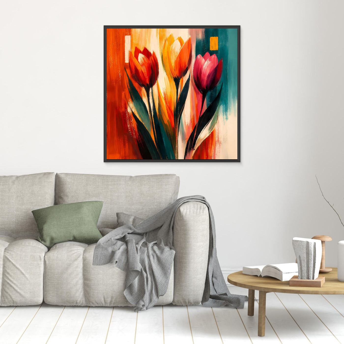 Leinwandbild mit abstrakten Tulpen in Rot, Orange, Gelb und Türkis, schwarz gerahmt