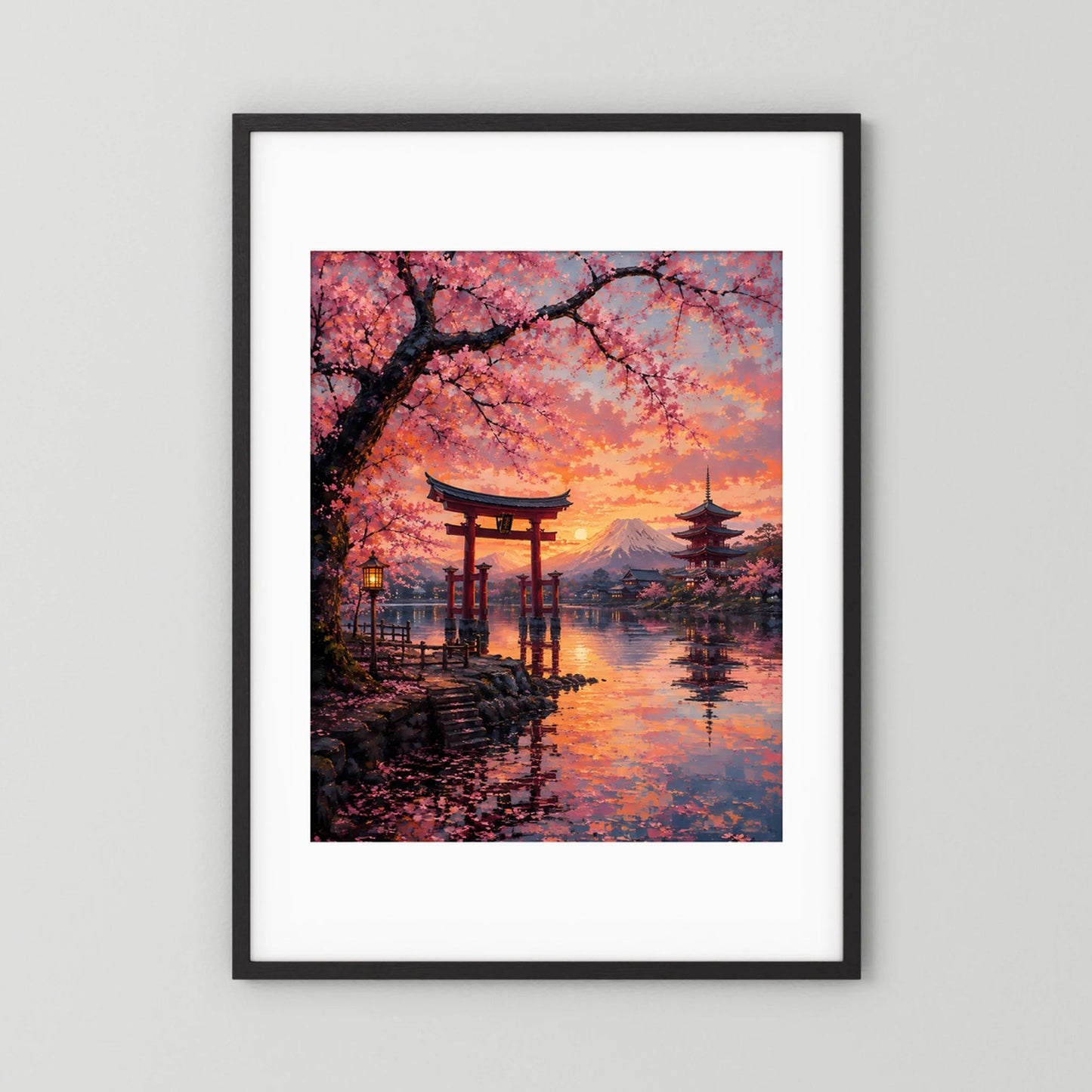 Hochformat-Poster mit Kirschblüten, Torii und Fuji im Sonnenuntergang, schwarzer Rahmen