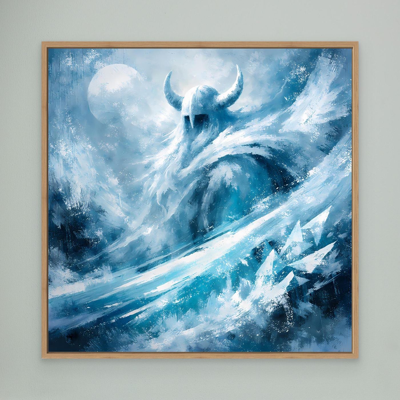 Leinwandbild mit Eiswikinger-Motiv in Blau und Türkis, quadratisch, mit Holzrahmen