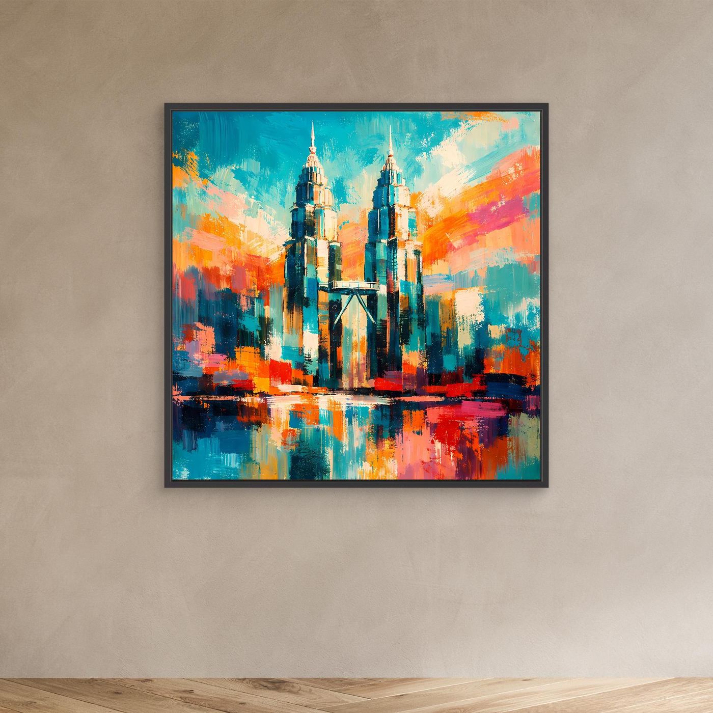 Abstraktes Leinwand-Wandbild mit schwarzem Rahmen: Petronas-Türme in Blau/Orange