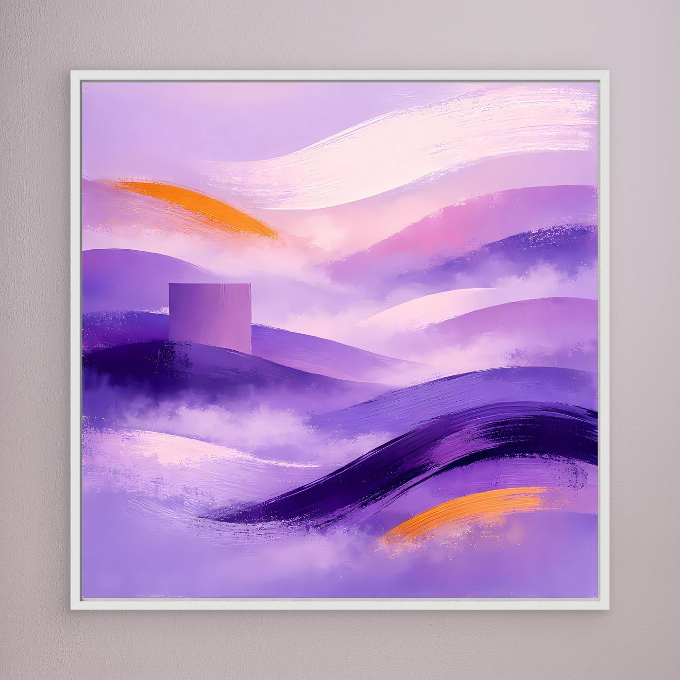 Quadratisches Leinwandbild mit abstrakter lila Berglandschaft, orange Akzenten, weißer Rahmen