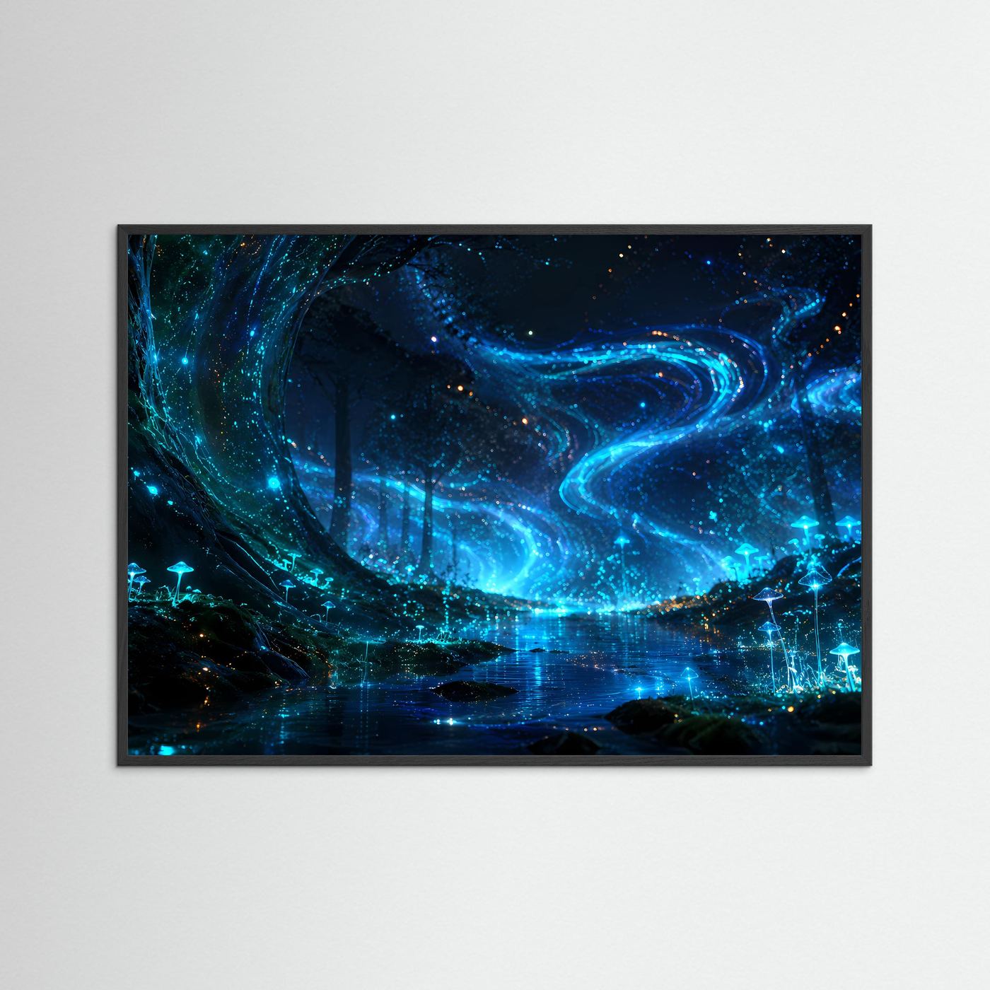 Biolumineszierender Wald Poster | Magischer Leuchtwald Wandbild | Fantasie Natur Landschaft | Mystischer Nachtwald | Premium Leinwand Wall Art