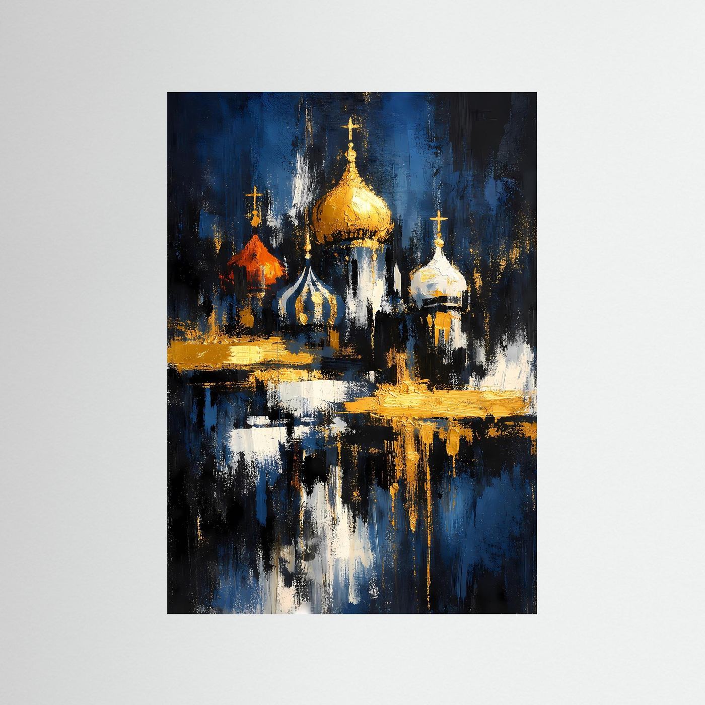 Architekturposter mit Kathedrale, goldenen Kuppeln und Spiegelung in Nachtblau