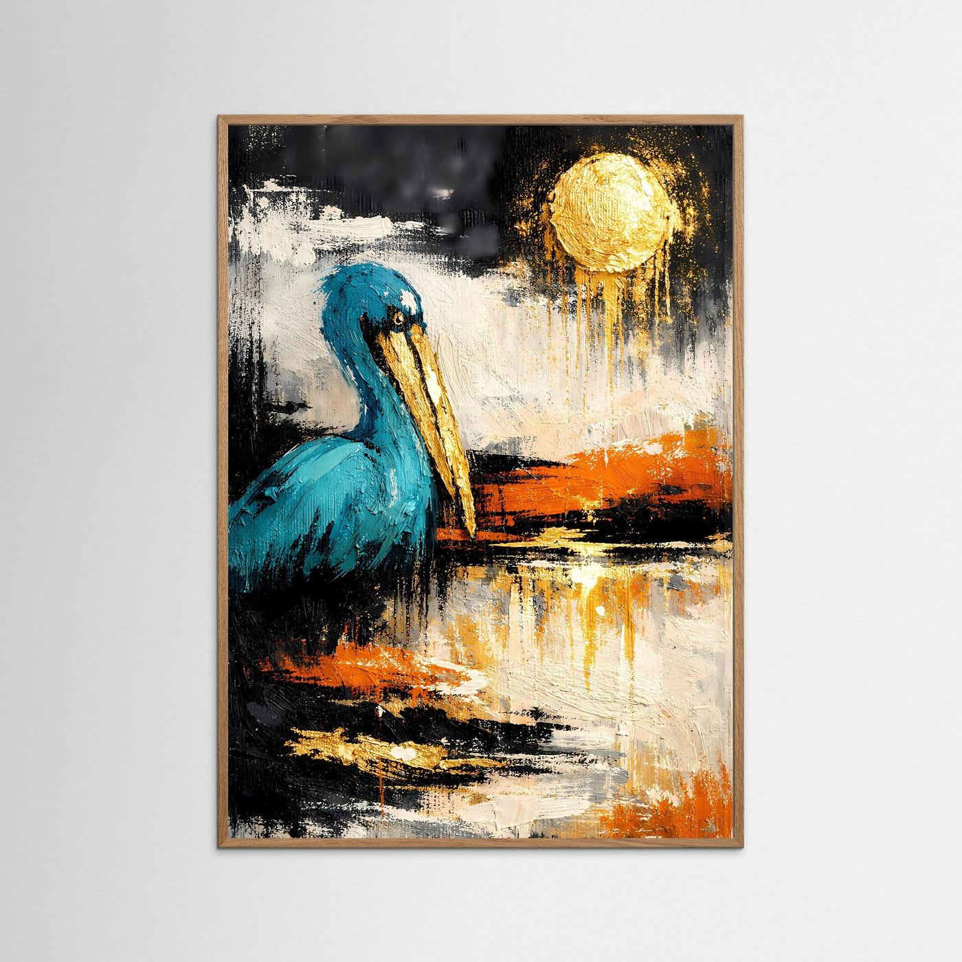 Pelikan-Kunstposter hochformat im hellen Holzrahmen, abstrakt: türkisfarbener Vogel