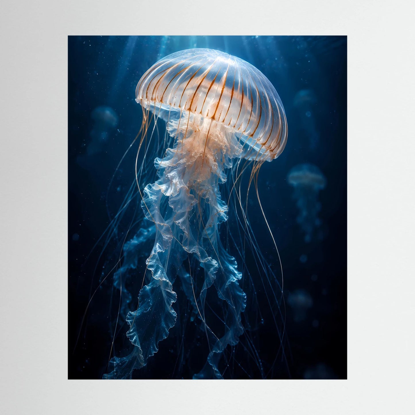 Hochformatiges Poster mit blauer Qualle unter Wasser, leuchtender Farbdruck