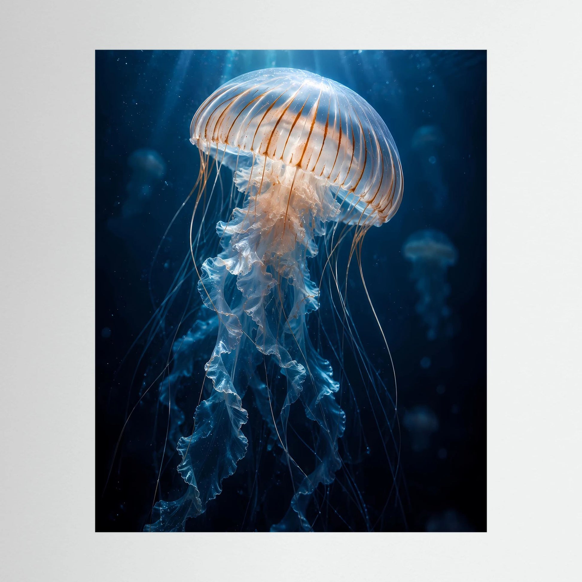 Hochformatiges Poster mit blauer Qualle unter Wasser, leuchtender Farbdruck