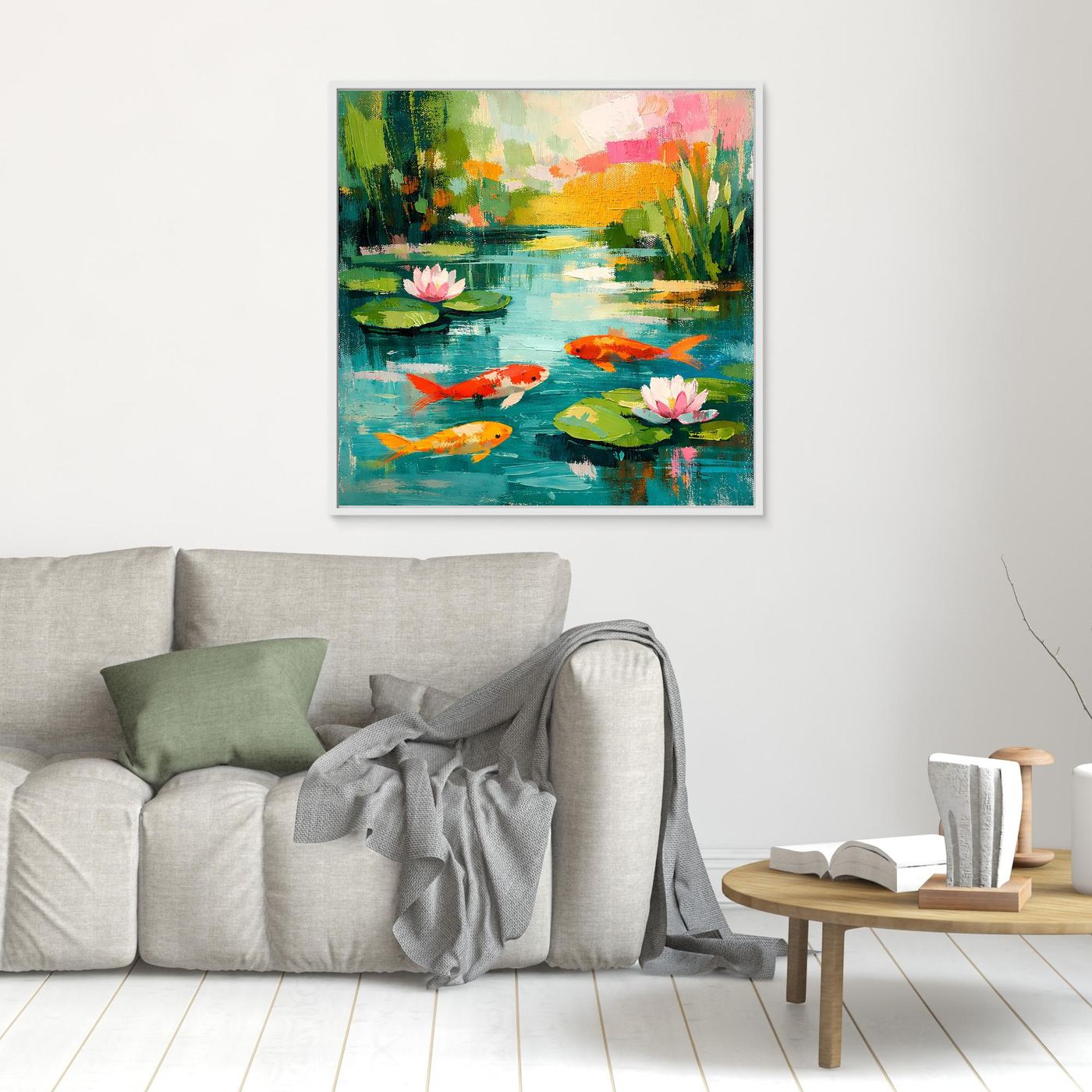 Small white-framed koi pond wall art with lily pads, pink lotus flowers, and orange koi fish.