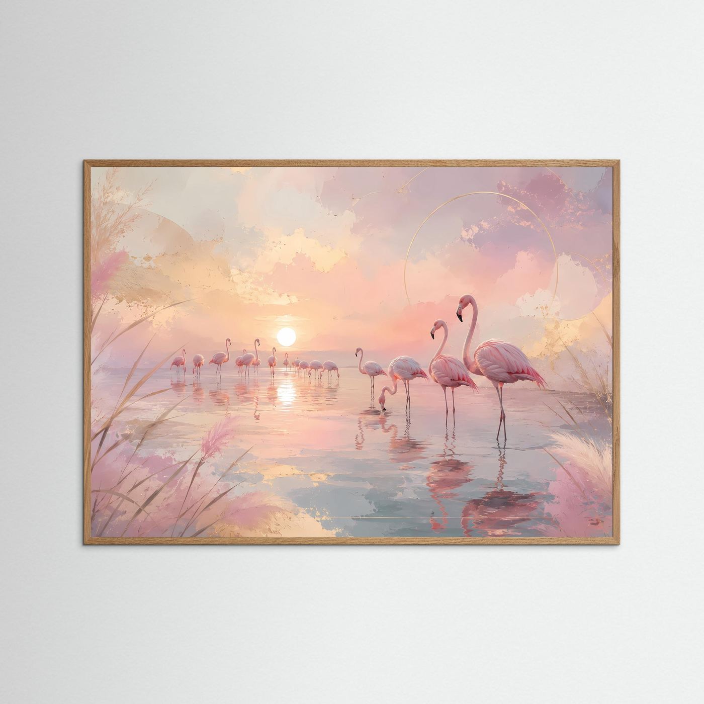 Flamingos im Sonnenuntergang | Pastell Wandbild mit Rosa Flamingos | Abstrakte Küstenlandschaft | Modernes Leinwandbild | Premium Poster