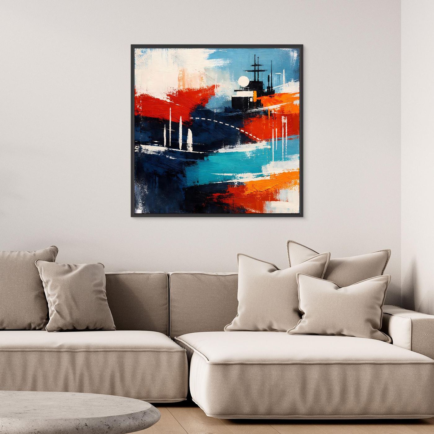 Abstraktes Leinwand-Wandbild mit Schiffs-Motiv, schwarzer Rahmen, Blau und Rot