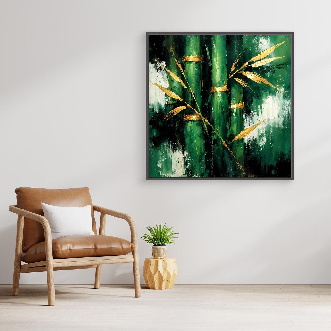 Leinwand Abstraktes Bambus Gemälde in Grün und Gold | Modernes Natur Wandbild