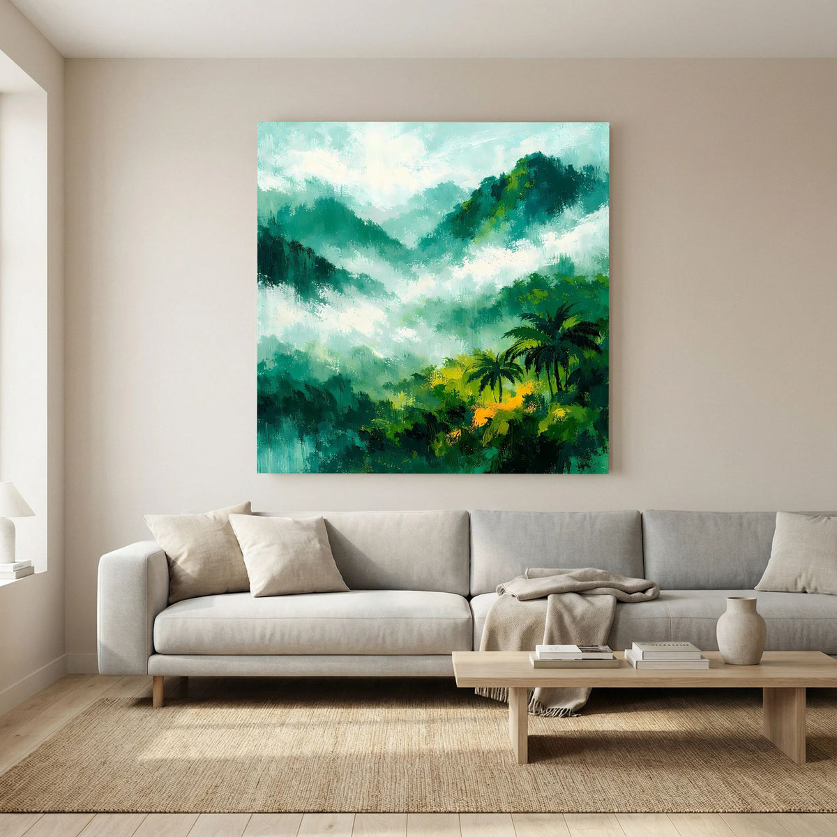 Leinwand-Wandbild mit Dschungelgebirge und Palmen, Nebelstreifen und grün-gelben Tönen