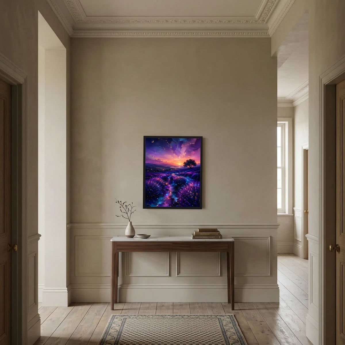 Hochformat-Poster im schwarzen Rahmen mit Lavendelfeld bei Sonnenuntergang