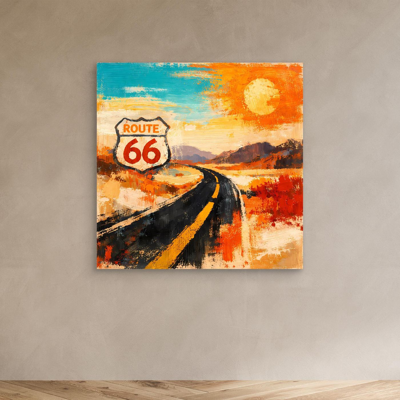 Wandbild mit abstrakter Route-66-Szene: Schild „Route 66“, schwarze Straße, Sonne, Farbflächen