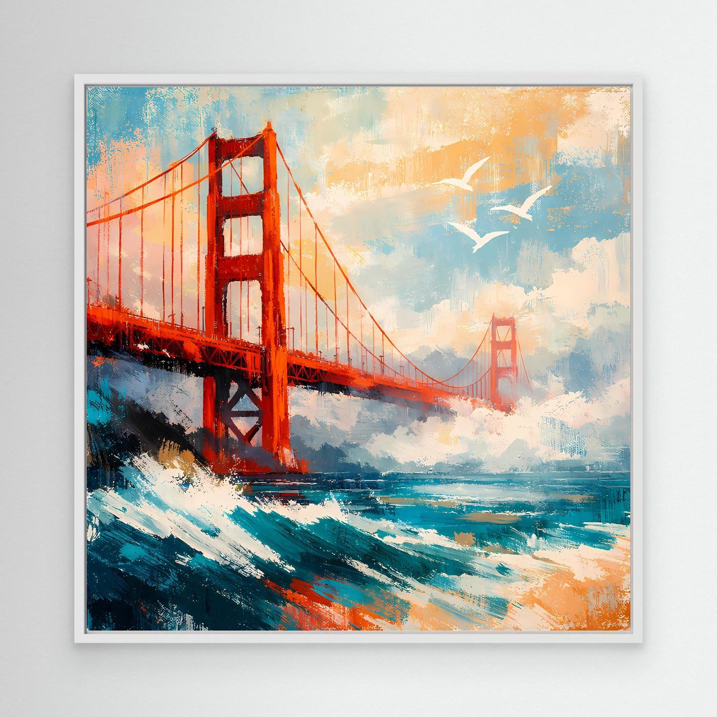 Abstraktes Leinwand-Wandbild mit Golden-Gate-Brücke, orangefarben und türkisblau, weißer Rahmen