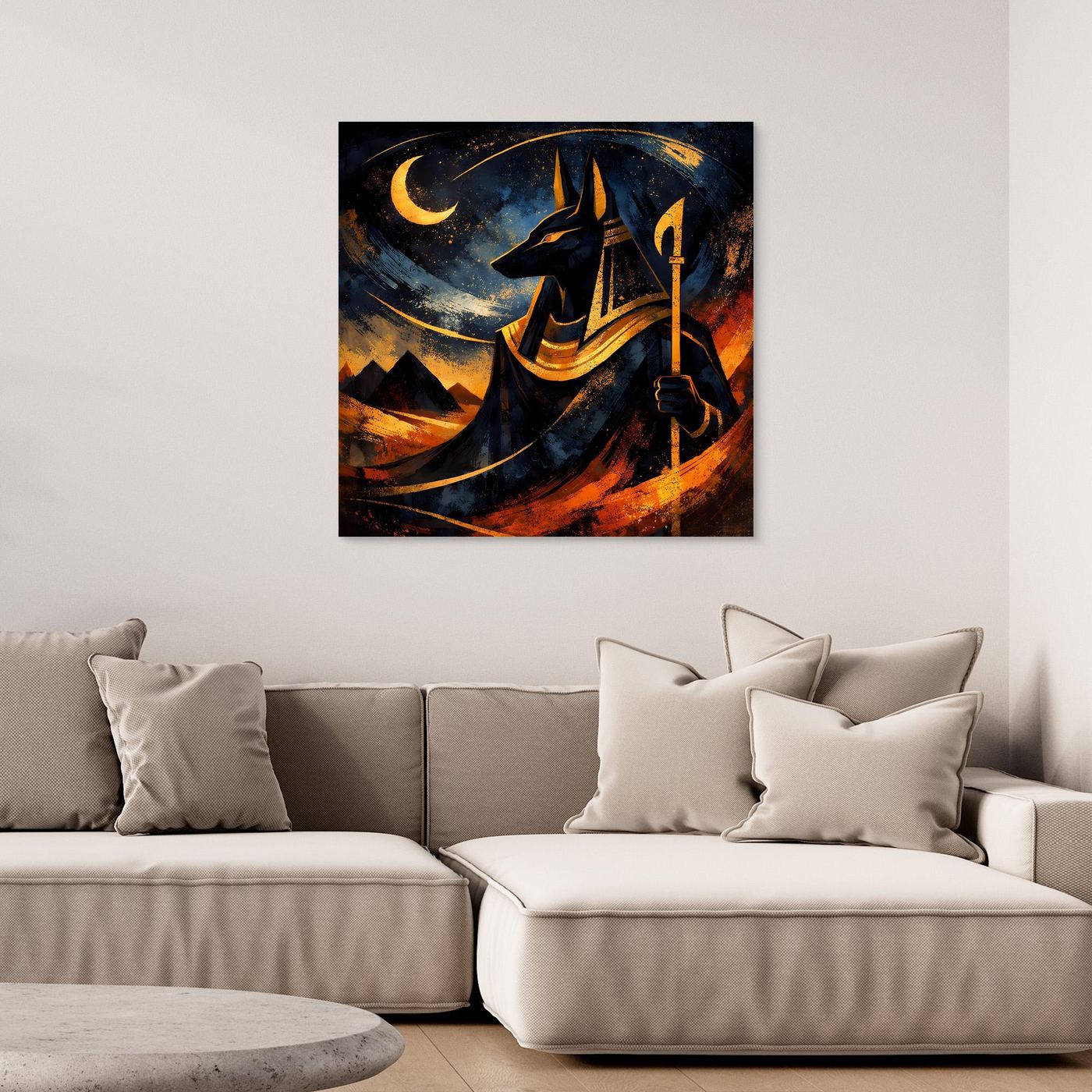 Wandbild mit Anubis in Nachtszene, schwarzer Rahmen, Leinwand