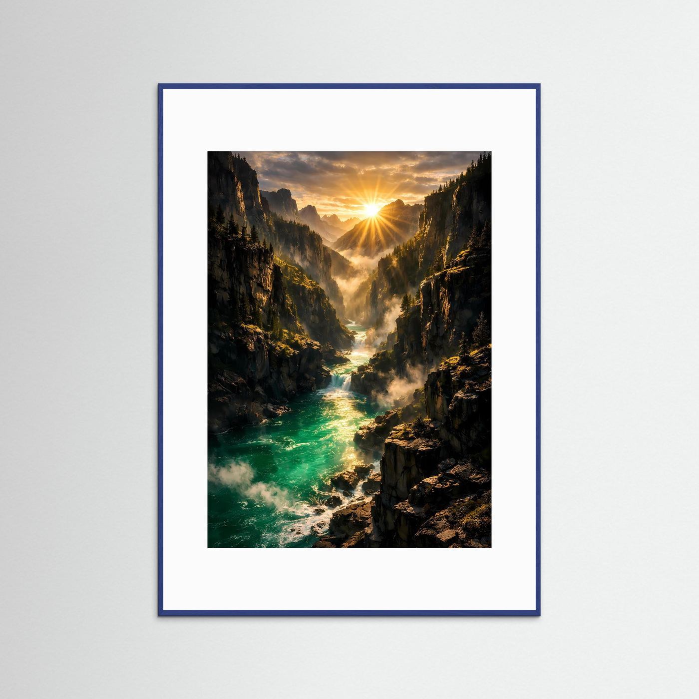 Vertikales Bergposter mit Sonnenaufgang über smaragdgrünem Fluss, blau gerahmt