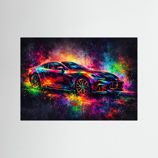 Querformat-Wandbild mit Sportwagen-Kunstprint, bunte Spritzer und Neonfarben