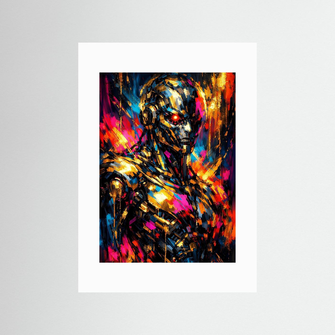 Cyberpunk-Poster mit Roboterkopf in Neon- und Goldfarben, ohne Rahmen, mit weißer Bordüre