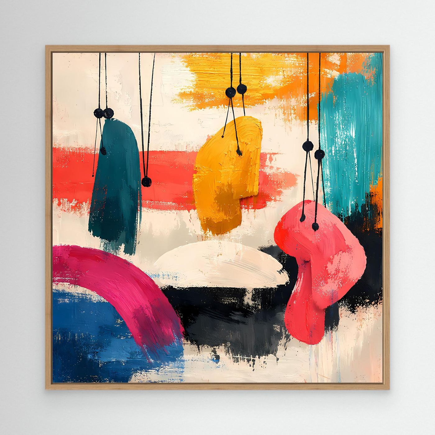 Abstract canvas wall art in wood frame, hanging organic shapes in teal, yellow and pink