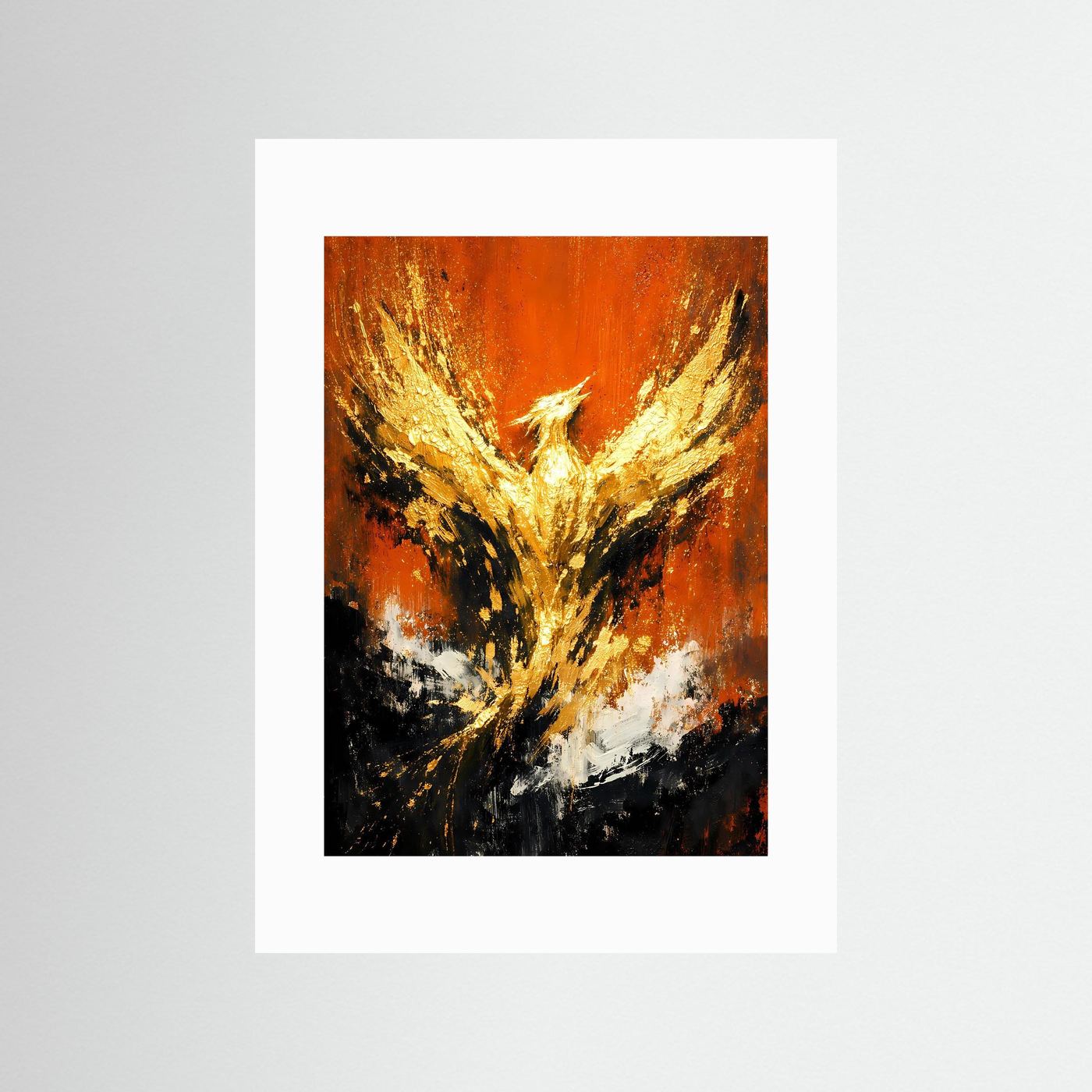 Abstraktes Phoenix-Poster mit weißem Passepartout, goldene Flügel auf orange-schwarzem Grund