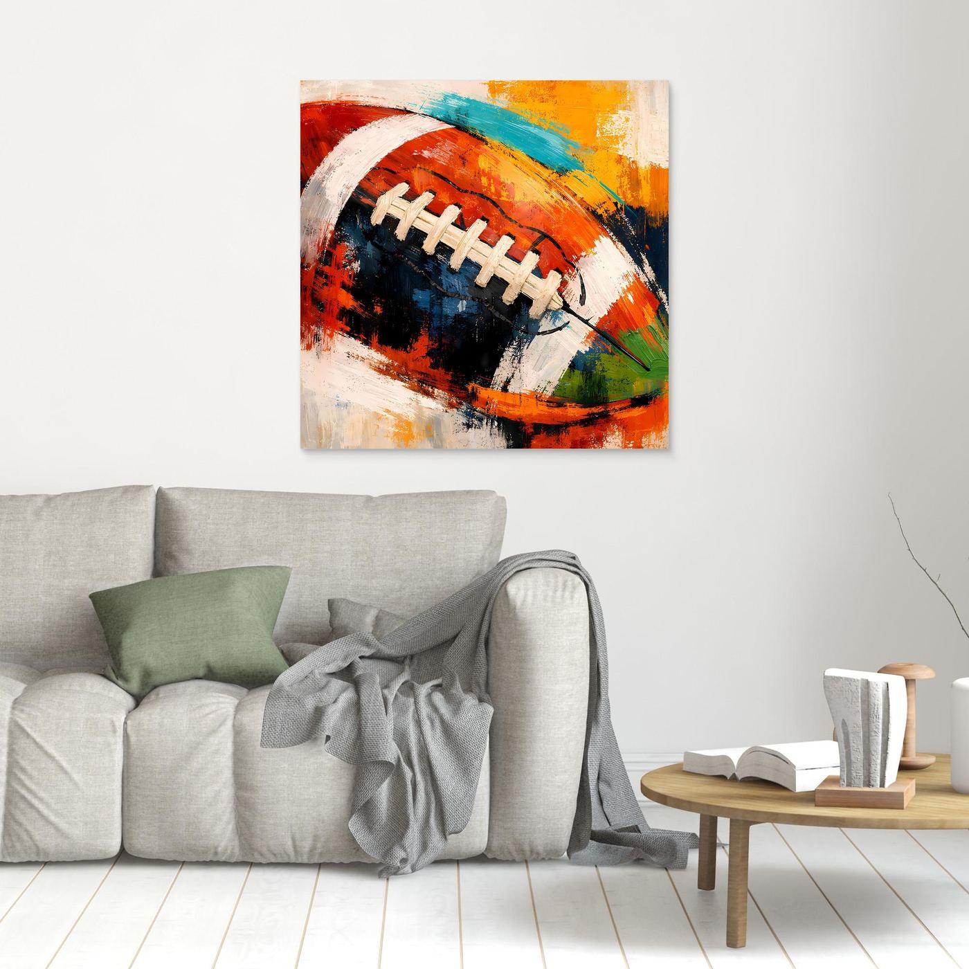 Leinwandbild: abstraktes Football-Motiv in Rot/Blau/Orange, ungerahmt