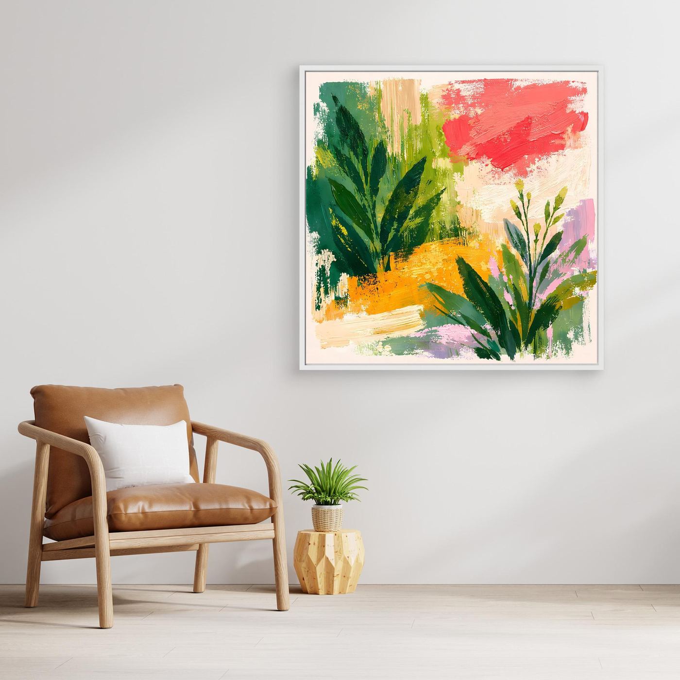 Abstract botanical wall art canvas with multicolor leaves and red brush strokes, white frame