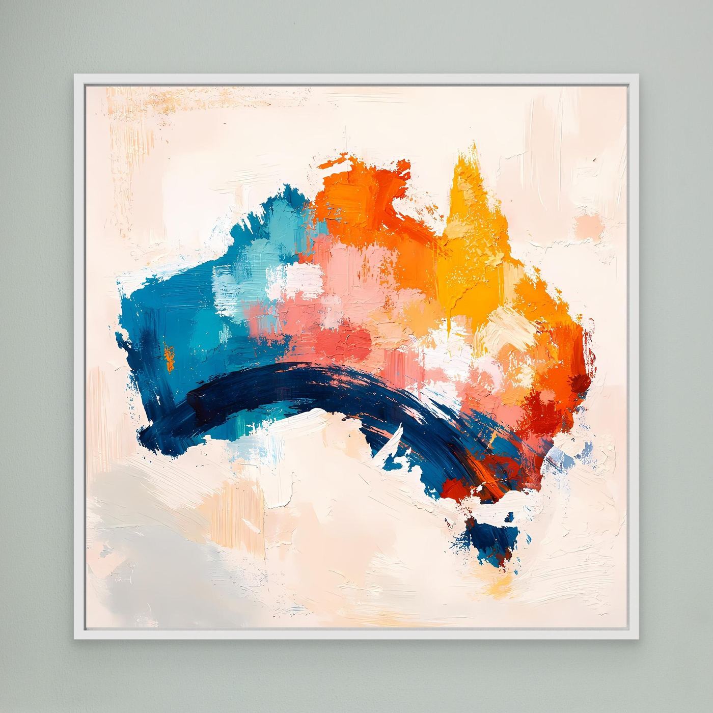 Abstract Australia map wall art in white frame, blue orange yellow paint strokes