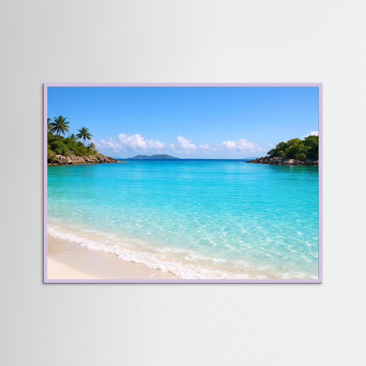 Wandposter mit tropischem Strand, türkisfarbenem Meer und Palmen; lila Rand