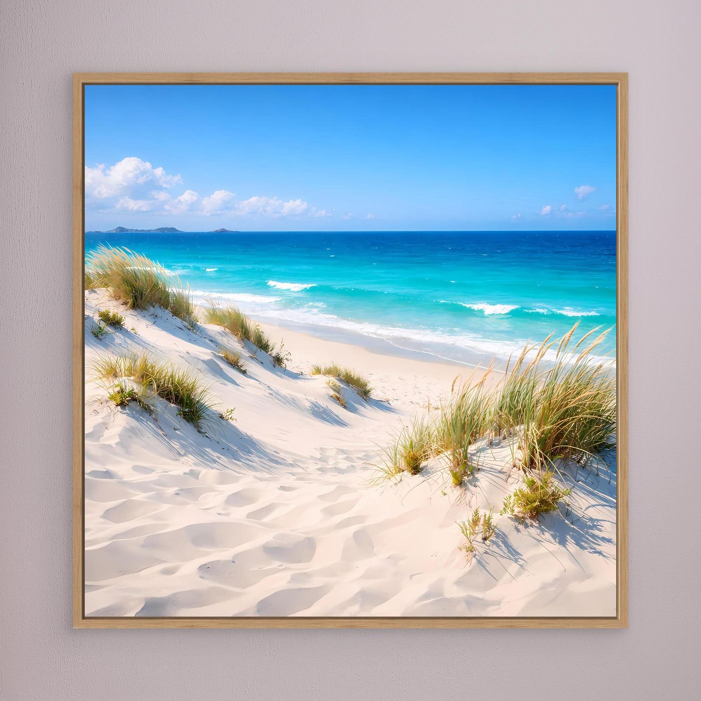 Leinwandbild mit Stranddünen und türkisfarbenem Meer, Holzrahmen